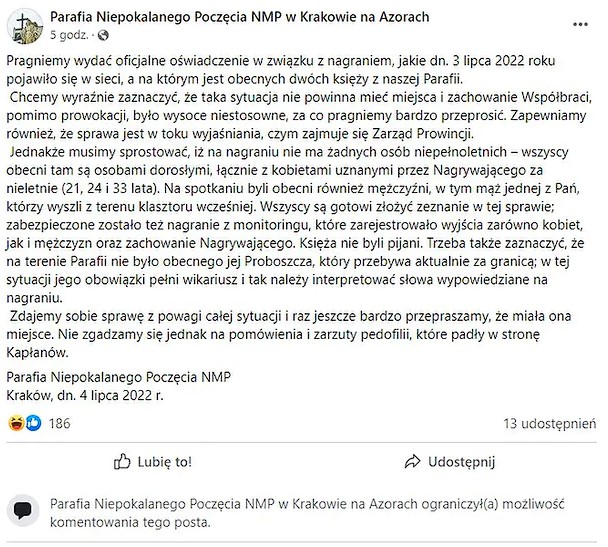 Zakrapiana impreza na Plebanii. Skandal w krakowskiej parafii