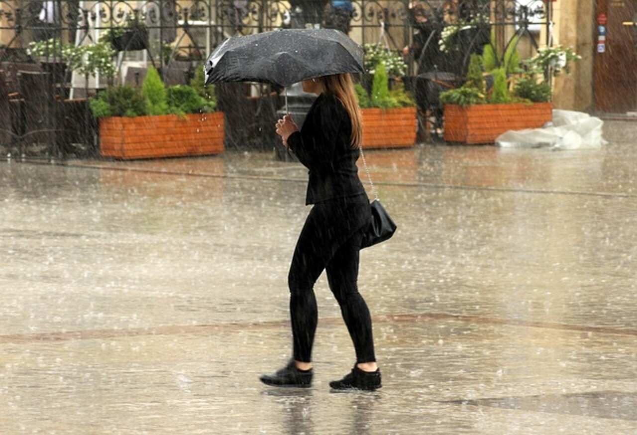 kobieta idąca ulicą pod parasolką podczas ulewy