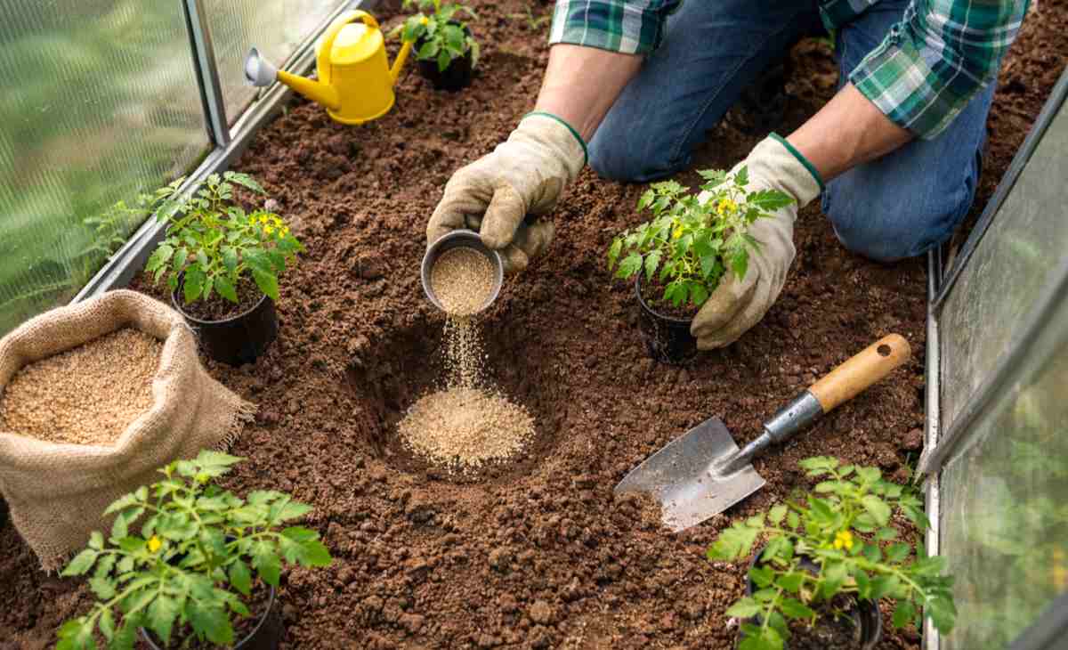 wsyp do dołka podczas sadzenie pomidorów