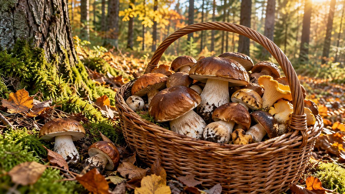Jesienny kosz pełen leśnych grzybów