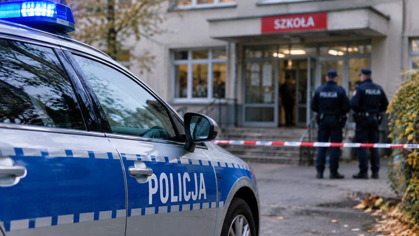 Policja przed szkołą na miejscu zdarzenia