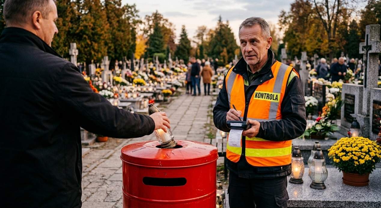 czerwone pojemniki na cmentarzu