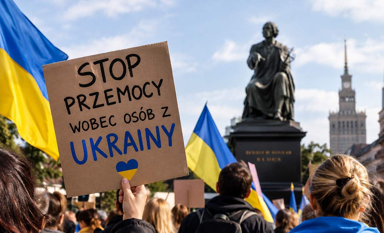 protest przeciw przemocy wobec osób z Ukrainy