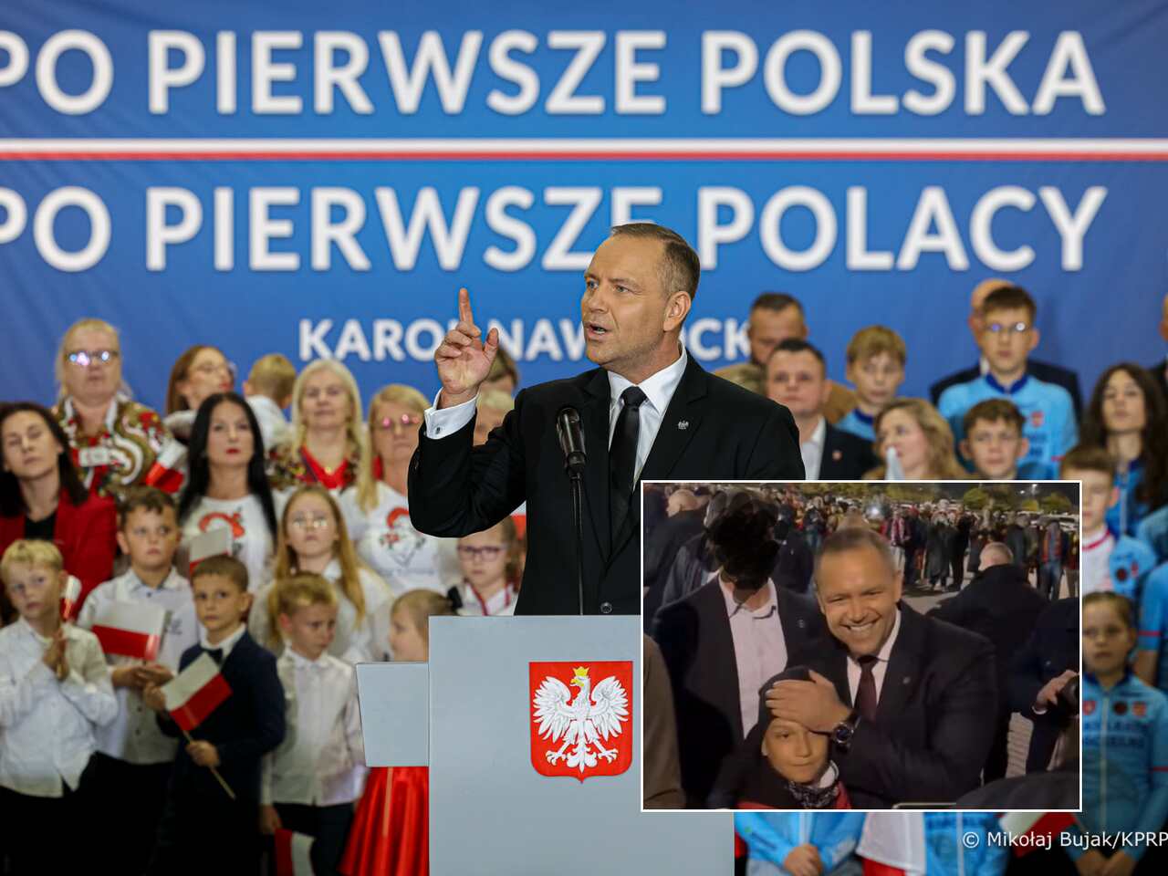 Nawrocki zasłonił czapkę z kibicowskim hasłem